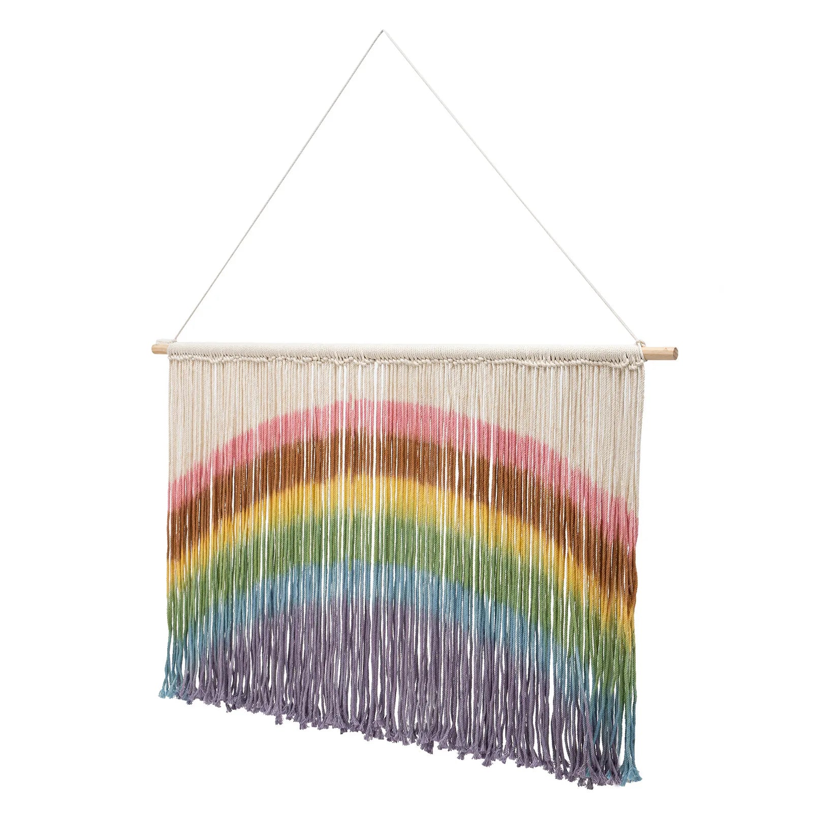 Colorful tie-dye handmade weaving macrame wall hanging with wooden dowel and cream yarn fringe by DecorBites