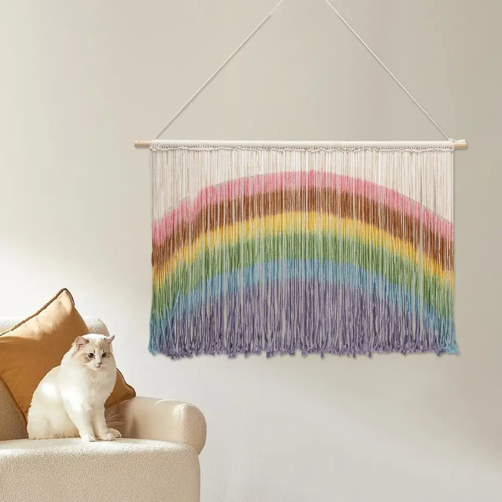 Colorful handmade weaving wall hanging macrame wall hanging with pastel rainbow fringed yarn and wood stick mount
