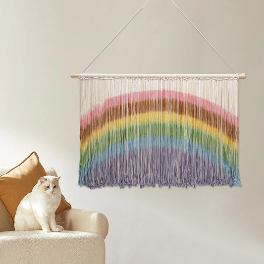 Colorful handmade weaving wall hanging macrame wall hanging with pastel rainbow fringed yarn and wood stick mount