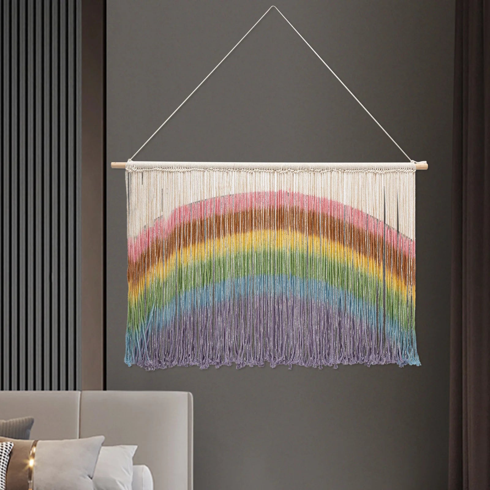 Colorful rainbow macrame wall hanging by decorbites handmade weaving with vibrant yarn and wooden dowel 109x70cm rectangular