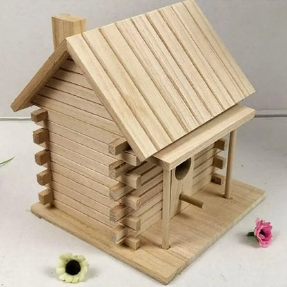 DecorBites handmade wooden nest box with log cabin siding and slanted roof in natural light wood for outdoor bird nest decor