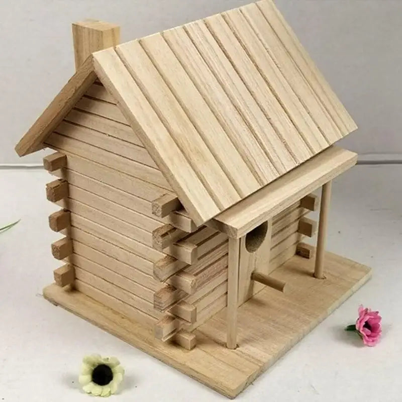 DecorBites handmade wooden nest box with log cabin siding and slanted roof in natural light wood for outdoor bird nest decor