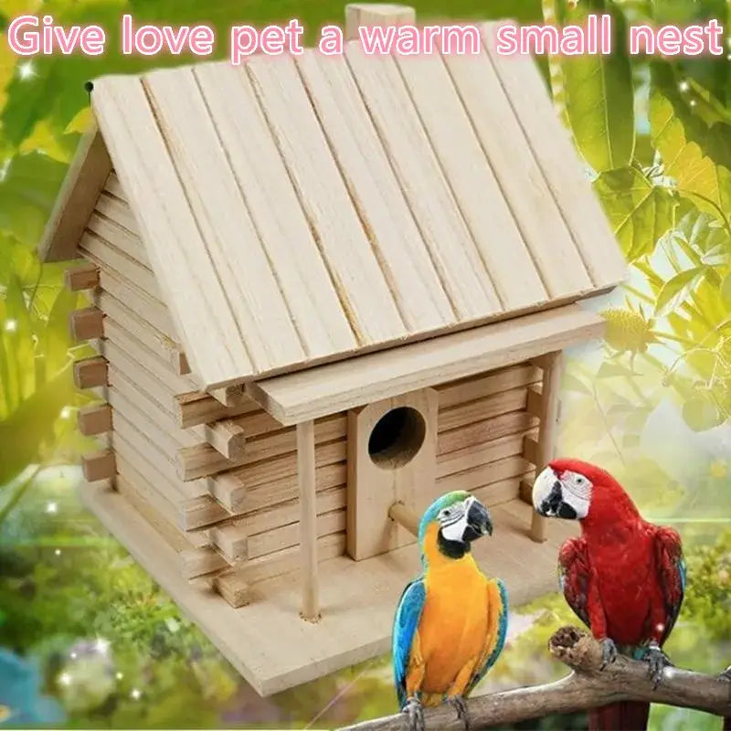 DecorBites™ handmade wooden nest box with log-style siding and circular entrance hole for outdoor bird nest decor