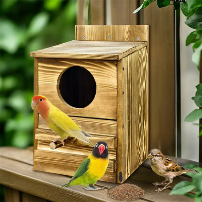 DecorBites™ handmade natural-toned wooden screech owl house with circular entrance and slatted roof for outdoor use