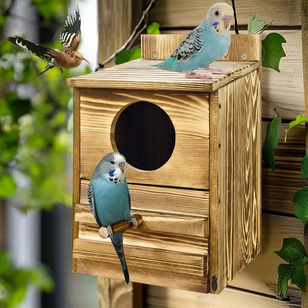 A rustic handmade wooden screech owl house with circular entrance and natural light brown finish for outdoor nesting