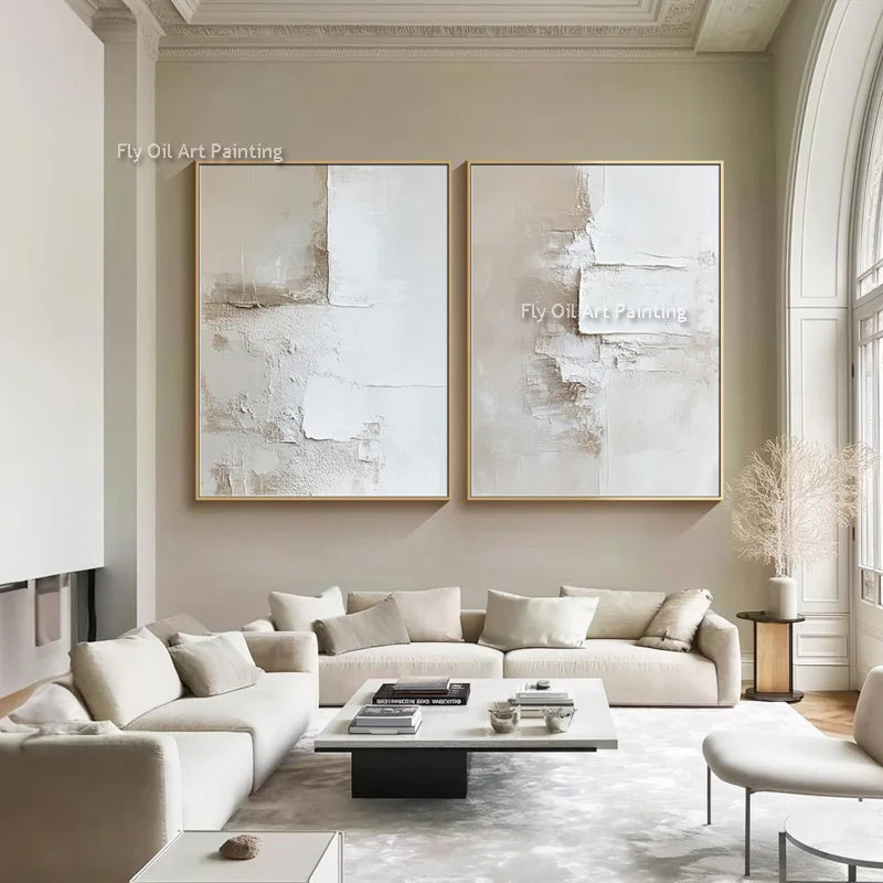 Handpainted Abstract Beige & White Oil Paintings Set - Posters