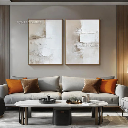 Handpainted Abstract Beige & White Oil Paintings Set - Posters