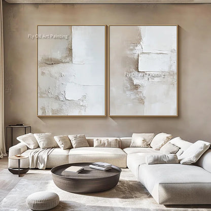 Handpainted Abstract Beige & White Oil Paintings Set - Posters