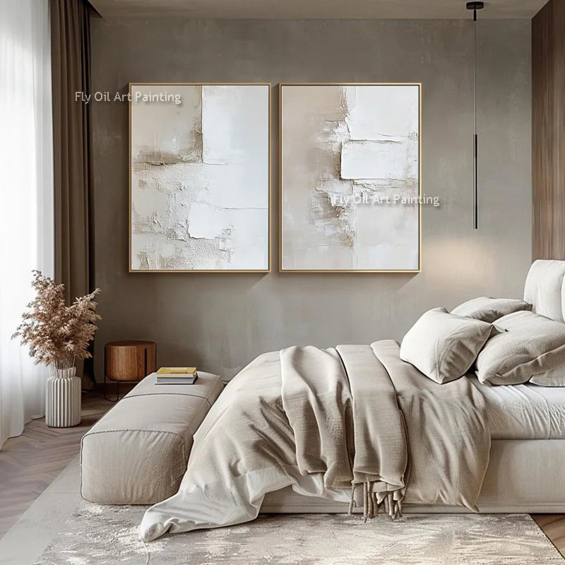 Handpainted Abstract Beige & White Oil Paintings Set - Posters