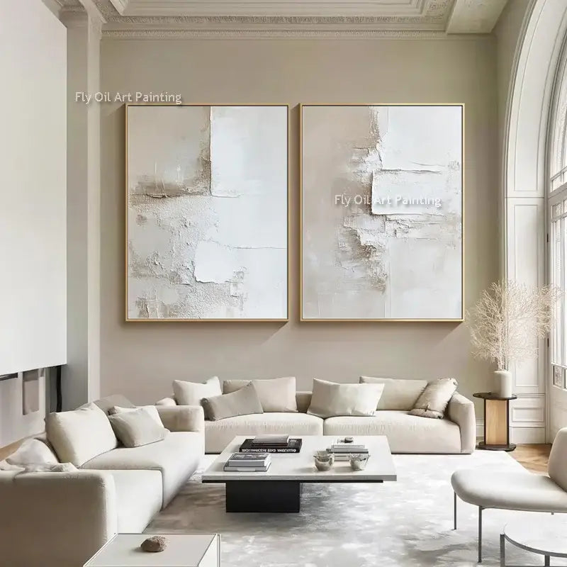 DecorBites™ handpainted two canvas wall white abstract oil paintings with textured beige and gray surfaces in gold frames