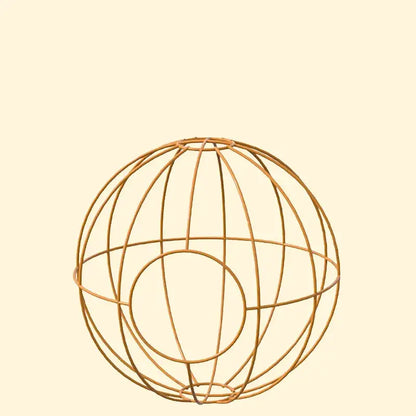 Decorbites handwoven grass bird cage with spherical wireframe globe in golden brown metal rods geometric design