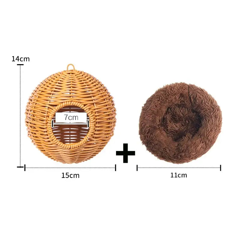 DecorBites™ handwoven grass bird cage hut with woven wicker exterior, round entrance, and plush brown interior nest