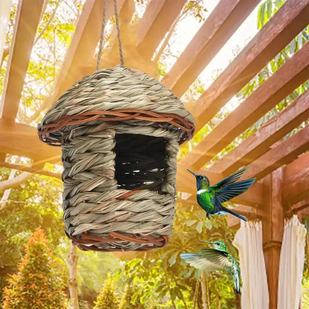 DecorBites handwoven parrot bird nest in natural beige and brown made from straw for outdoor garden use