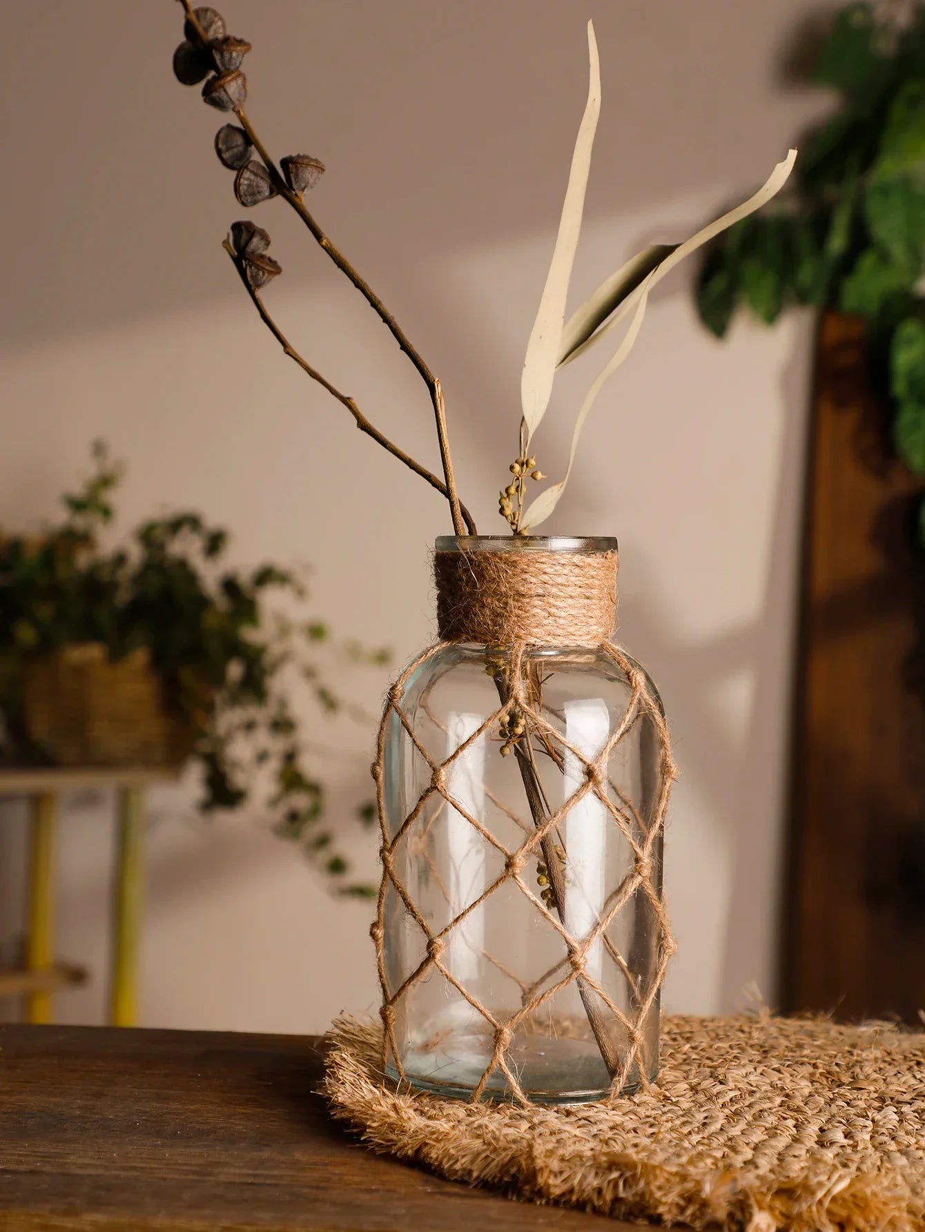 Hanging Glass Vase with Hemp Rope - Rustic Home Decor - Vase