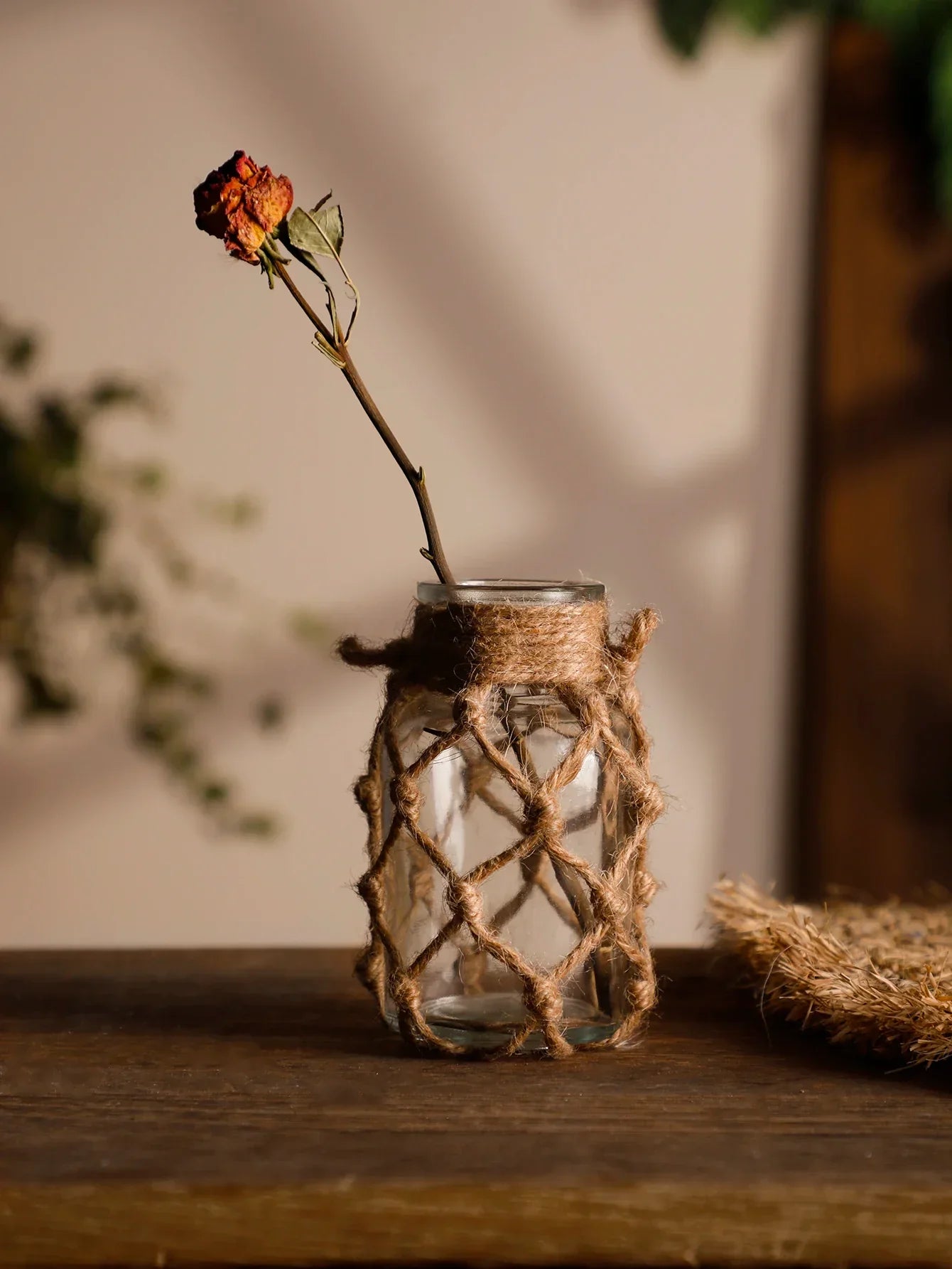 Hanging Glass Vase with Hemp Rope - Rustic Home Decor - Vase