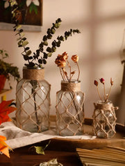 Three clear hanging glass vases wrapped with natural hemp rope netting featuring dried eucalyptus for rustic decor