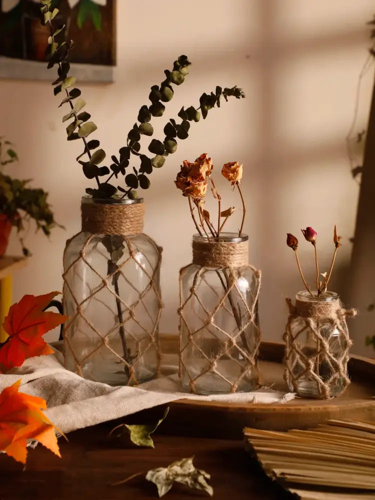 Three clear glass hanging vases wrapped with natural hemp rope in a rustic crisscross pattern for home decor