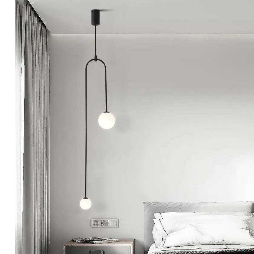 Decorbites™ hanging lights black minimalist pendant with two frosted glass bulbs and curved metal arm in versatile lighting options