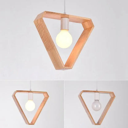 Decorbites™ hanging wooden lights featuring a minimalist triangular wooden pendant with natural finish and exposed bulb