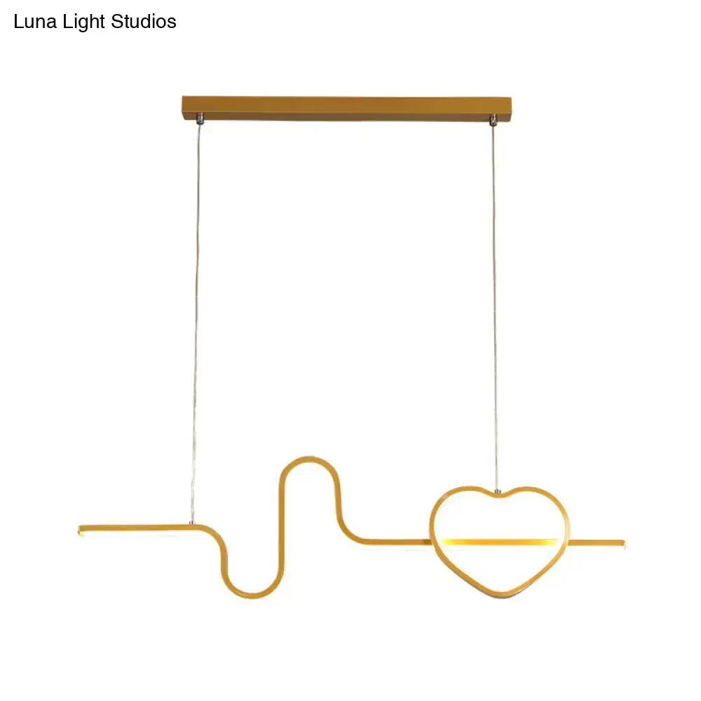 Gold-colored neon heart-shaped metal pendant light fixture with wooden ceiling mount for dining room line island lighting