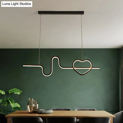 Modern black metal DecorBites line island light fixture shaped like a heartbeat for dining room ceiling lighting