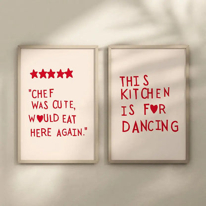 Two framed DecorBites heart red quote wall art prints with red text on off-white backgrounds in wooden frames