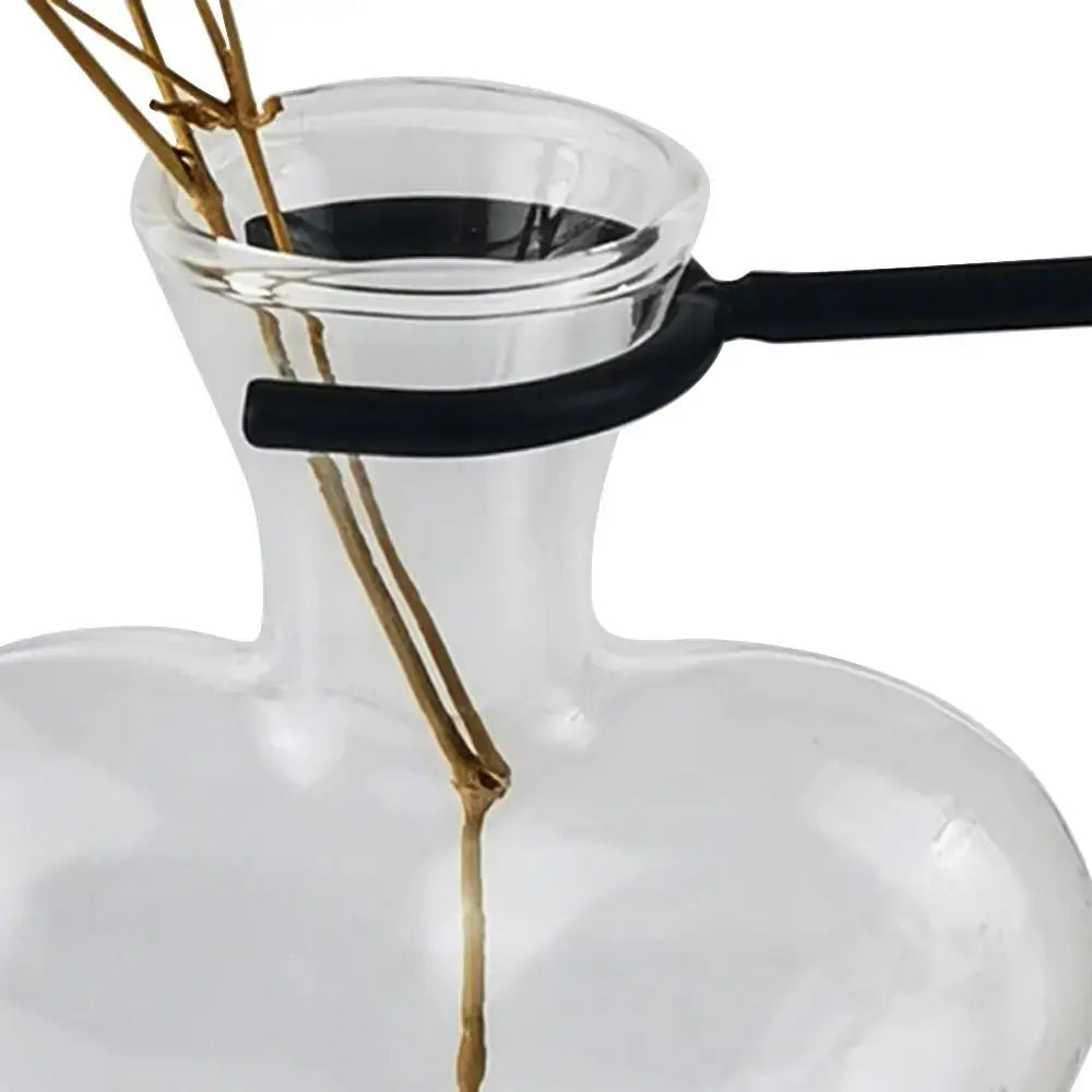 DecorBites heart shape hydroponic clear glass vase with black handle and dried golden branches for home decor