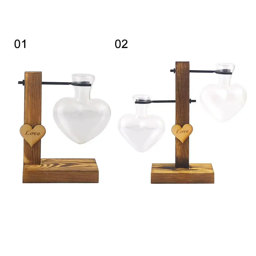 DecorBites™ heart shape hydroponic glass vase with heart shape terrariums on rustic wooden stands for home decor