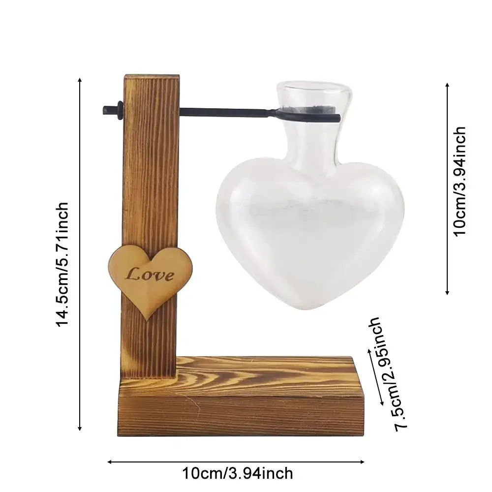 DecorBites™ heart shape hydroponic glass vase with wooden stand and carved love heart accent for home decor