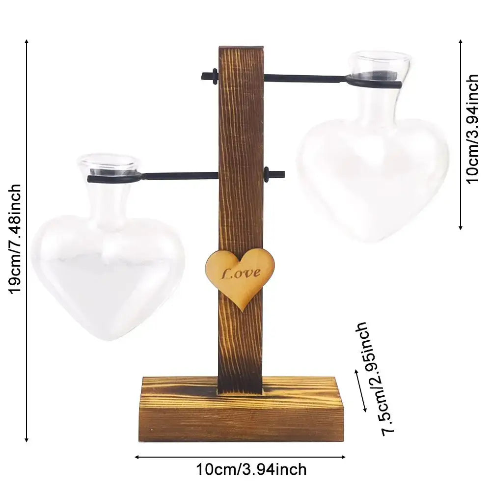 Decorbites™ heart shape hydroponic glass vase with heart-shaped vases on rustic wooden stand and love charm