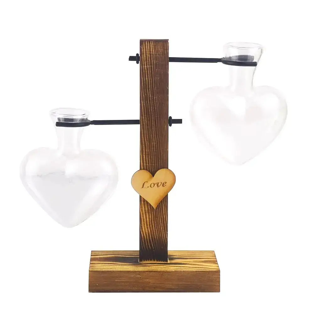 Decorbites™ heart shape hydroponic glass vases mounted on rustic wooden stand with love engraved heart charm