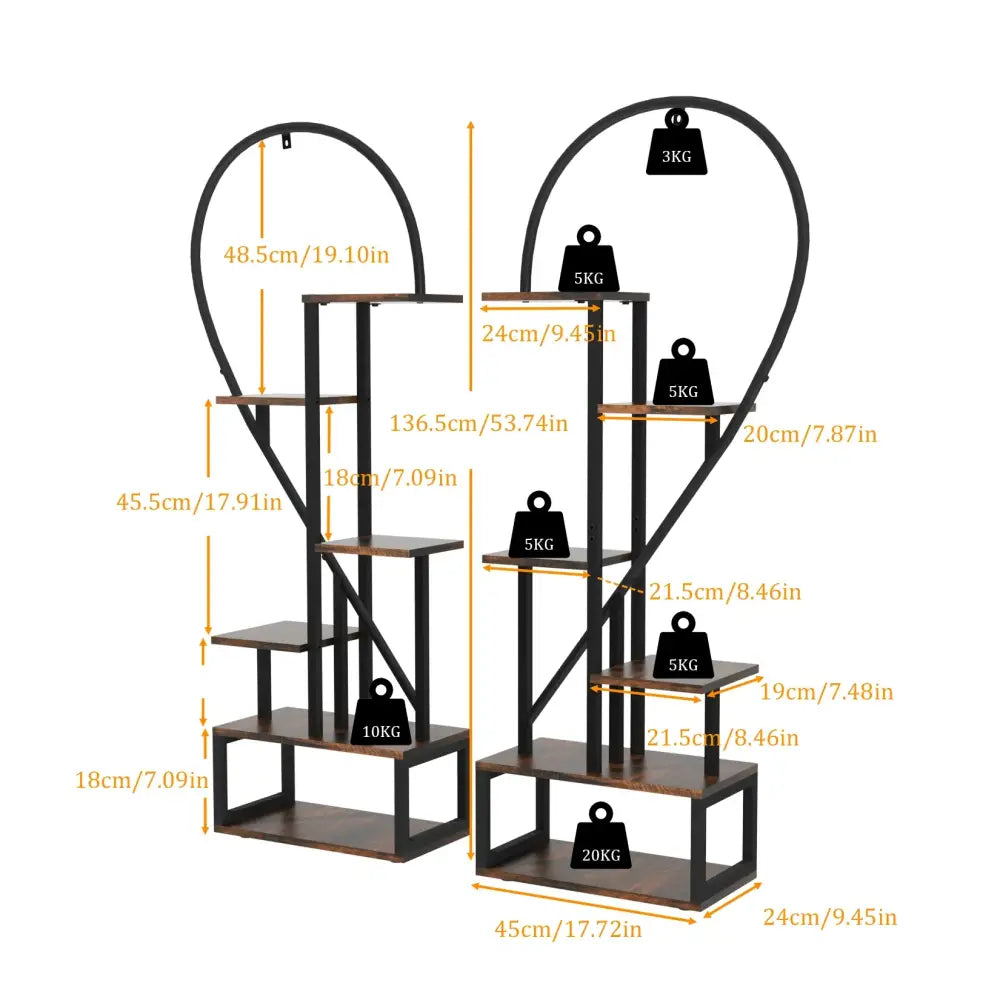 Decorbites heart shaped 6-tier plant stand with black metal frame and wood shelves for display and storage