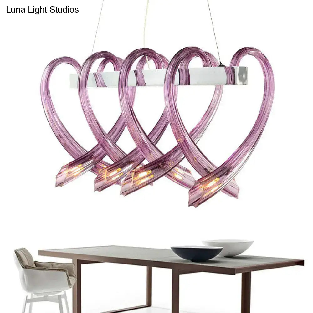 DecorBites™ heart shaped crystal glass led hanging light fixture with purple glass arms and white silver bar for restaurants