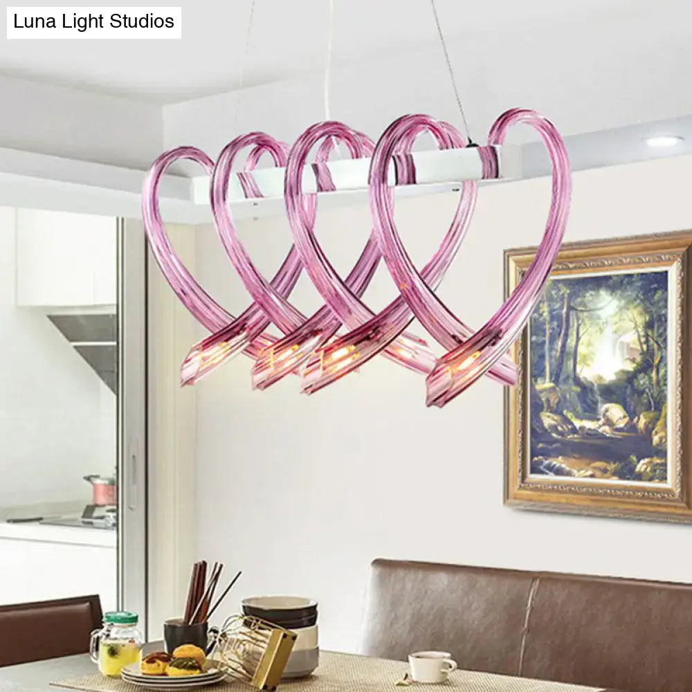 Pink glass heart shaped crystal led hanging light fixture with modern intertwined design for restaurants
