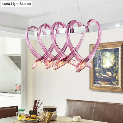 Pink glass heart shaped crystal led hanging light fixture with modern intertwined design for restaurants