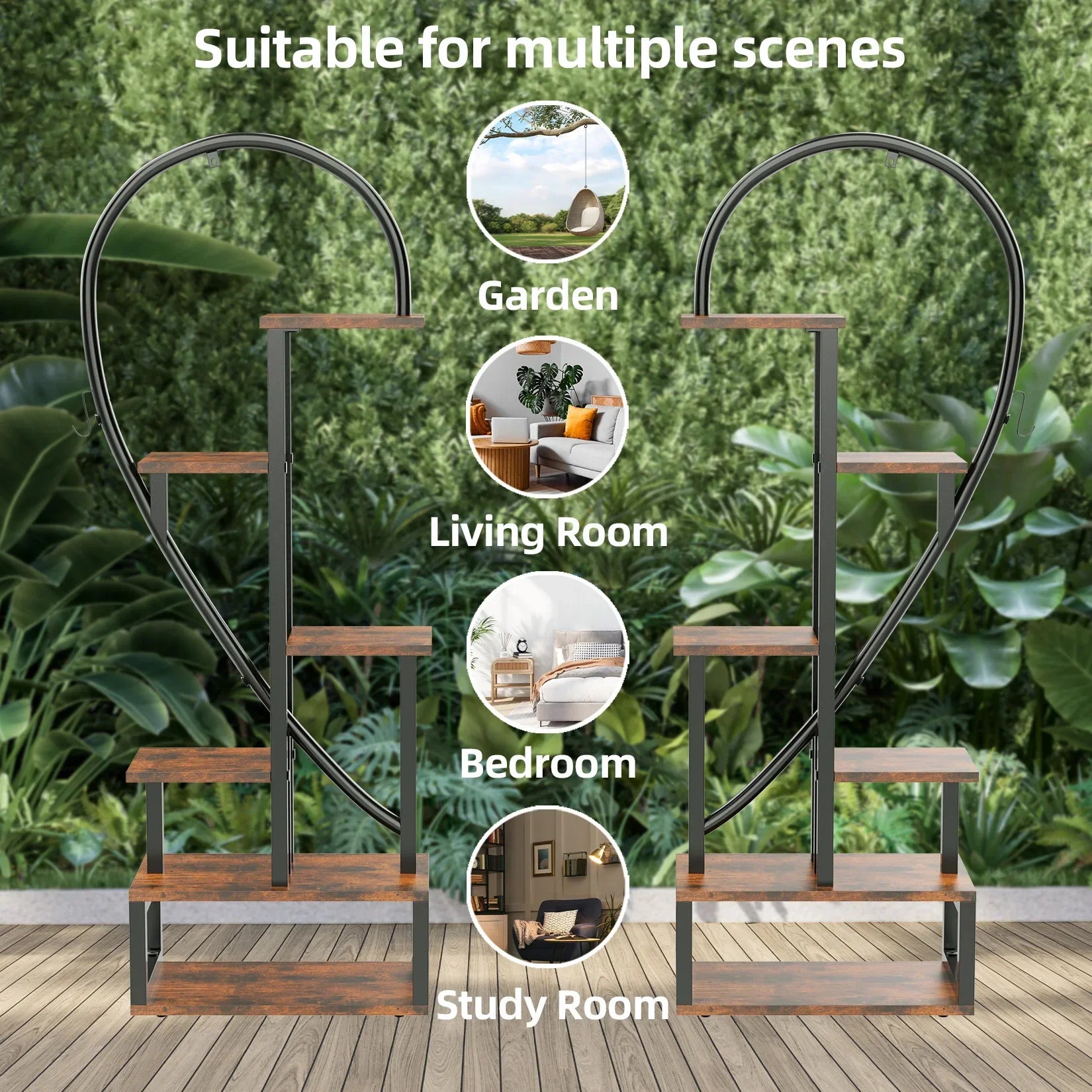 Decorbites™ heart shaped plant stand with rustic brown wooden shelves and black wrought iron frame hooks