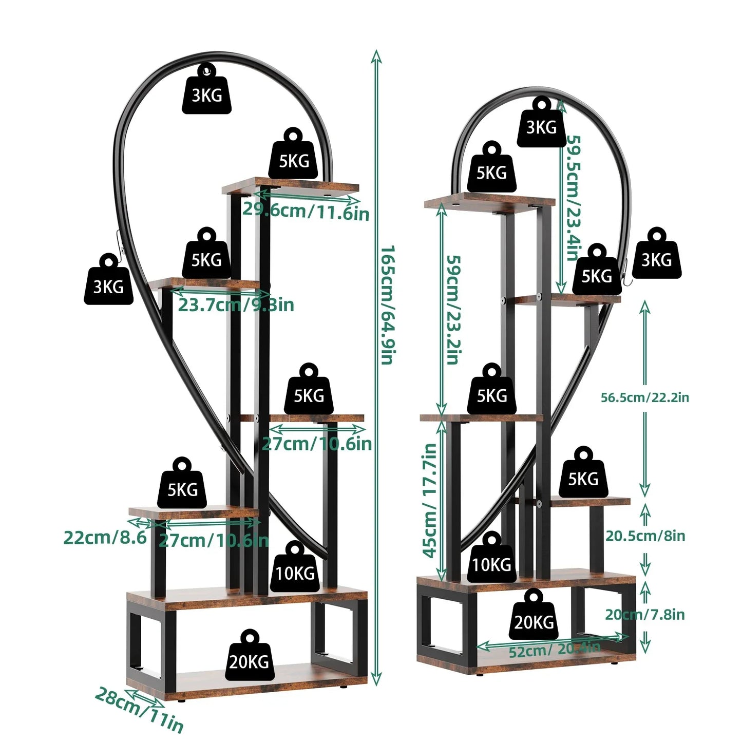 DecorBites heart shaped plant stand with black metal and wood tiers and hooks for versatile half heart display