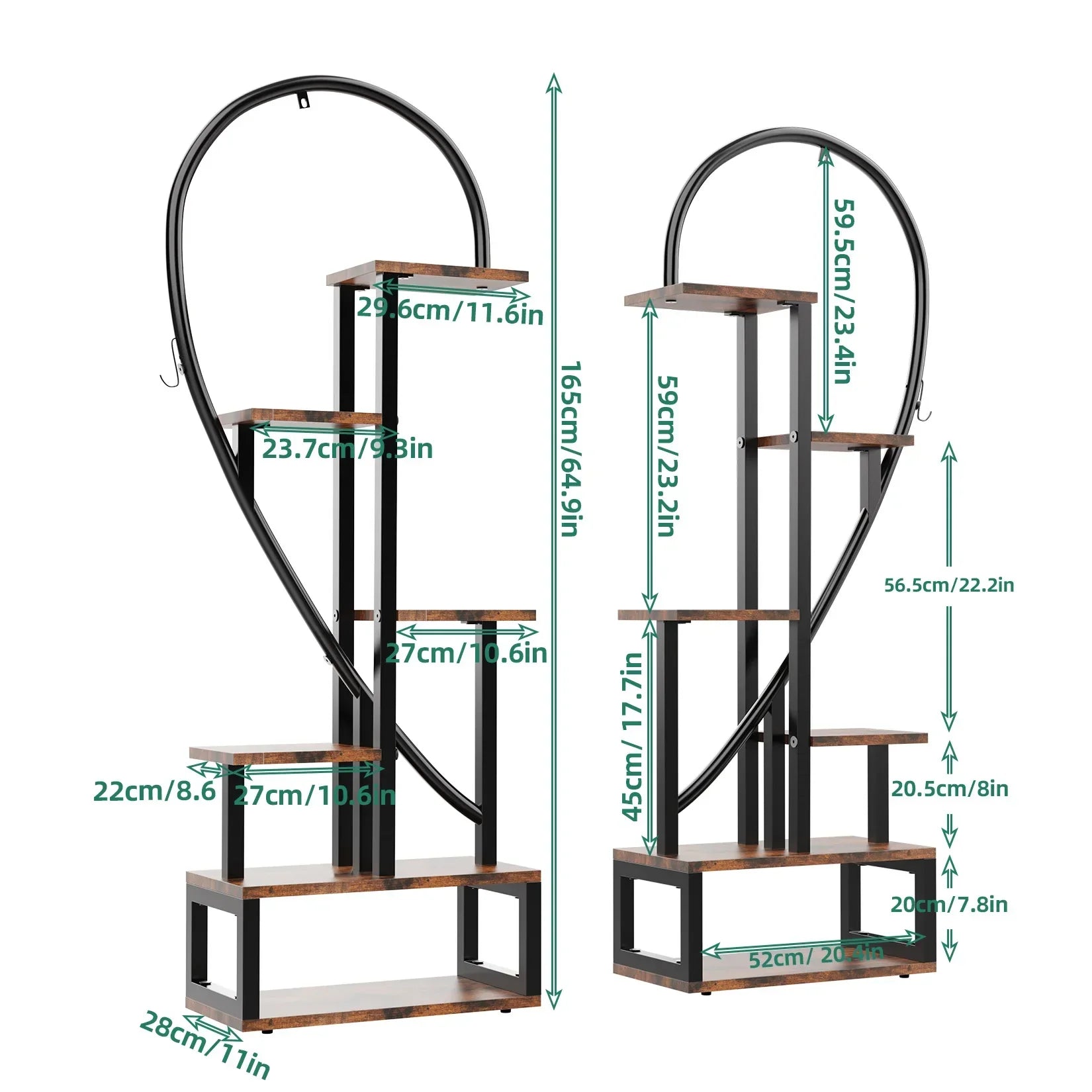 Black metal and wood heart shaped plant stand with multiple tiers and hooks for displaying plants or decor items