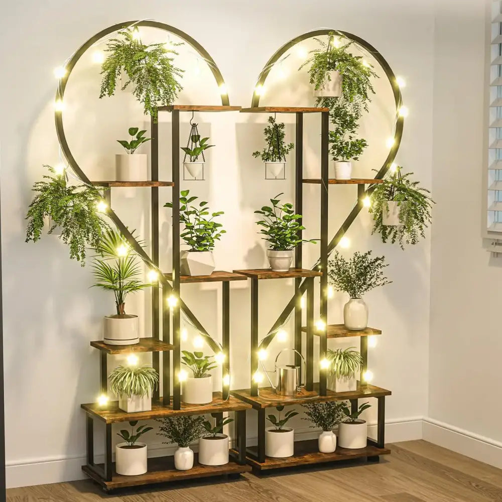 DecorBites™ heart shaped wooden and metal plant stand with half heart arches and white ceramic pots with greenery