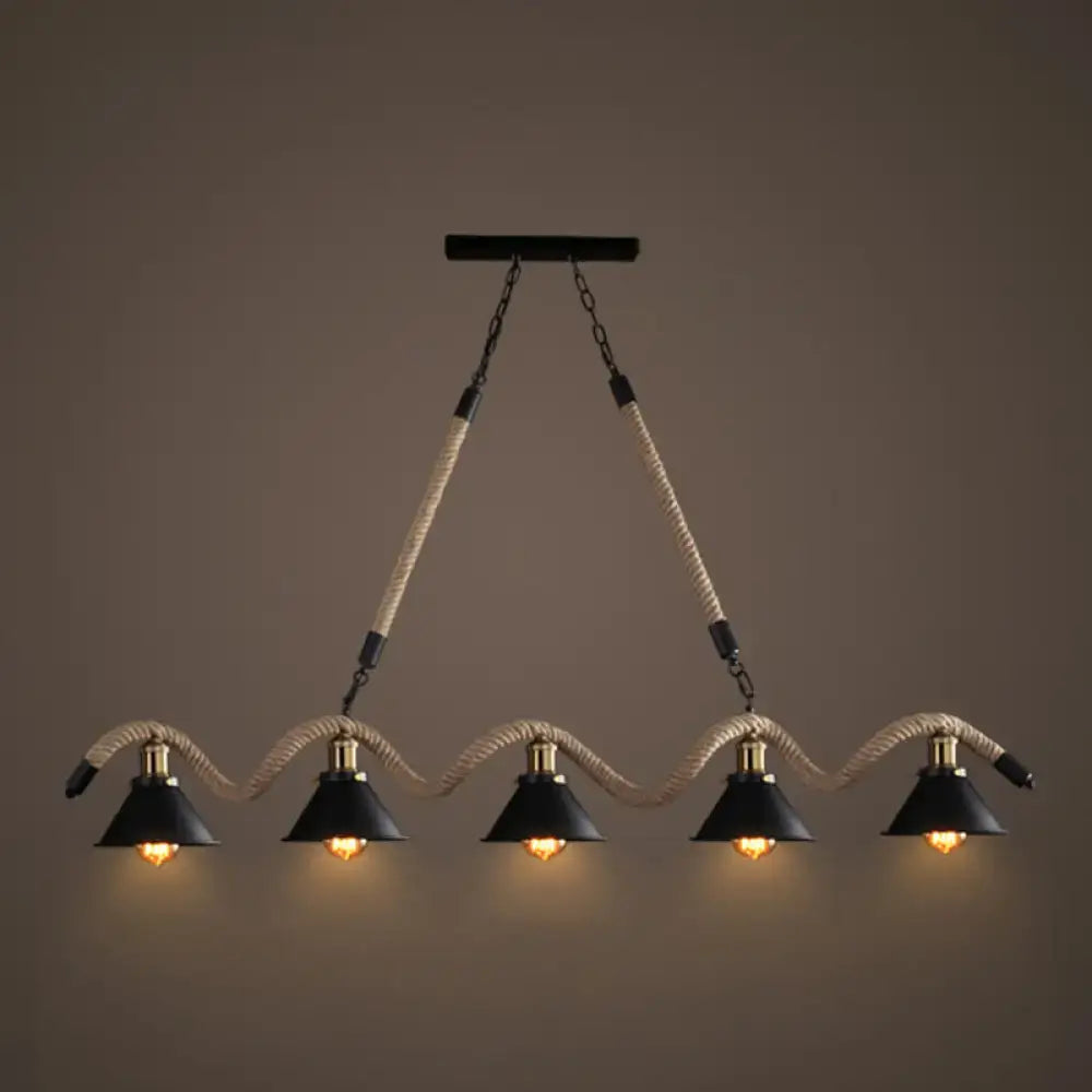 Industrial-style black hanging lamp with five conical shades suspended by hemp rope and metal chains ideal for restaurants