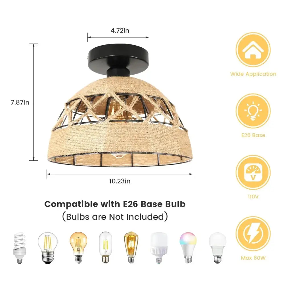 Rustic beige woven hemp rope ceiling light with black metal base and geometric lattice design for home decor by DecorBites™