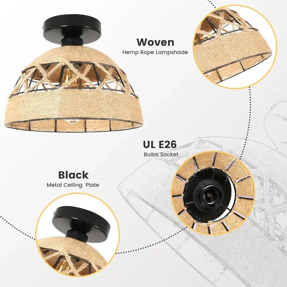 Decorbites hemp rope ceiling light with a rustic dome-shaped woven hemp rope shade and black metal mounting plate