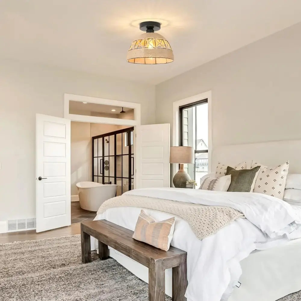 A warm-toned textured glass pendant ceiling light with black metal fixture and hemp rope accent for home decor