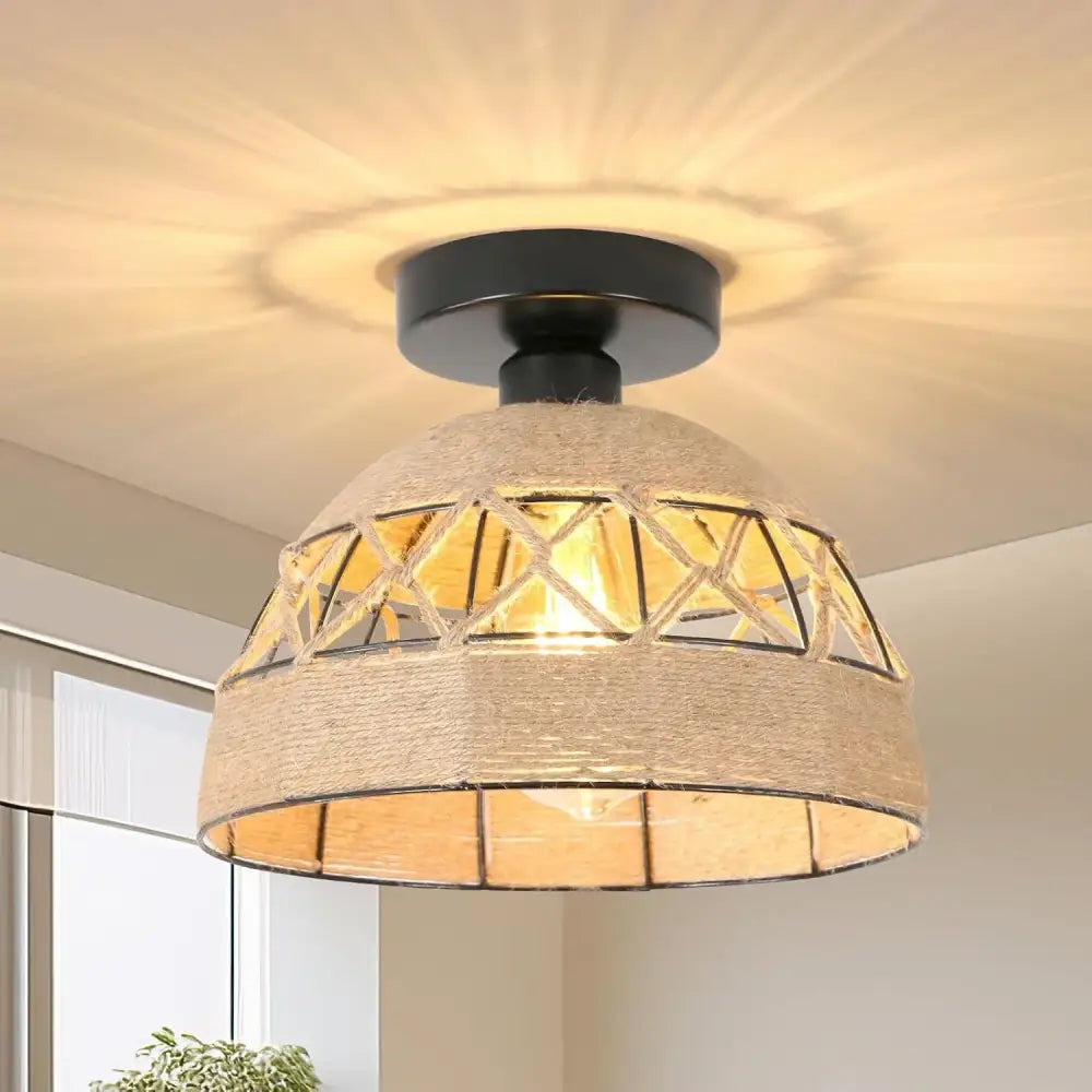 Decorbites™ hemp rope ceiling light with warm-toned dome shade and geometric cutouts for home decor