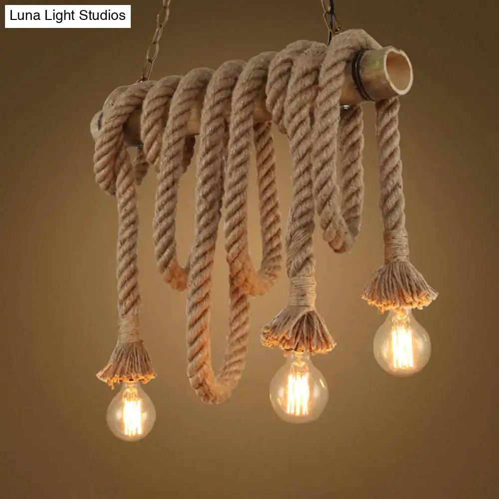 Decorbites hemp rope pendant light with coiled beige rope, bamboo tube accents, and exposed bulb fixtures for industrial island lighting