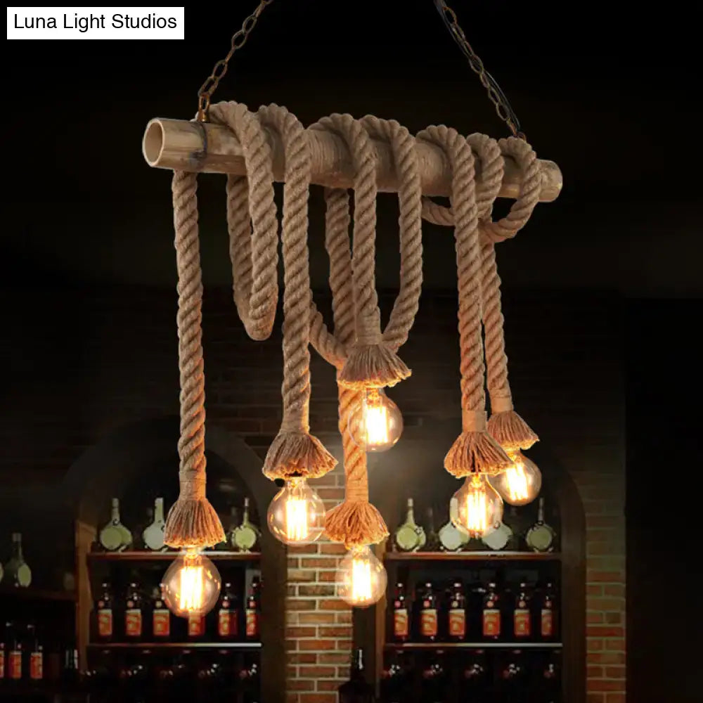DecorBites™ hemp rope pendant light with exposed bulbs and bamboo tube in flaxen for industrial island lighting