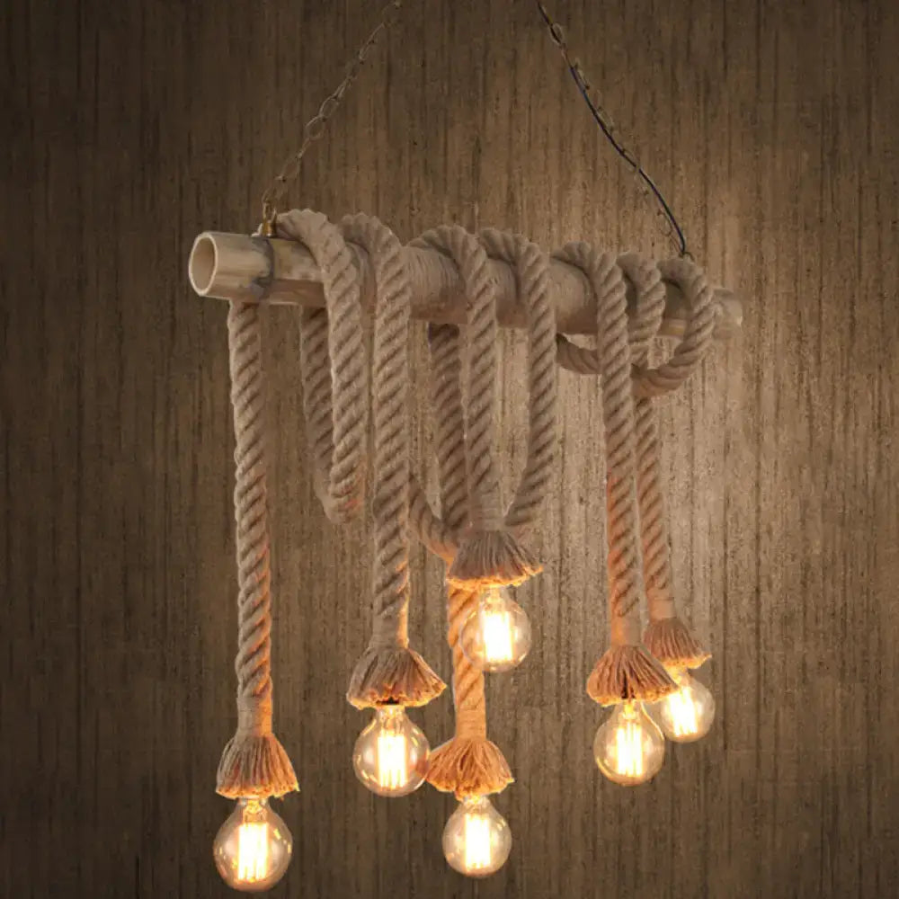 Decorbites hemp rope pendant light with five exposed bulbs and bamboo tube in flaxen for industrial island lighting