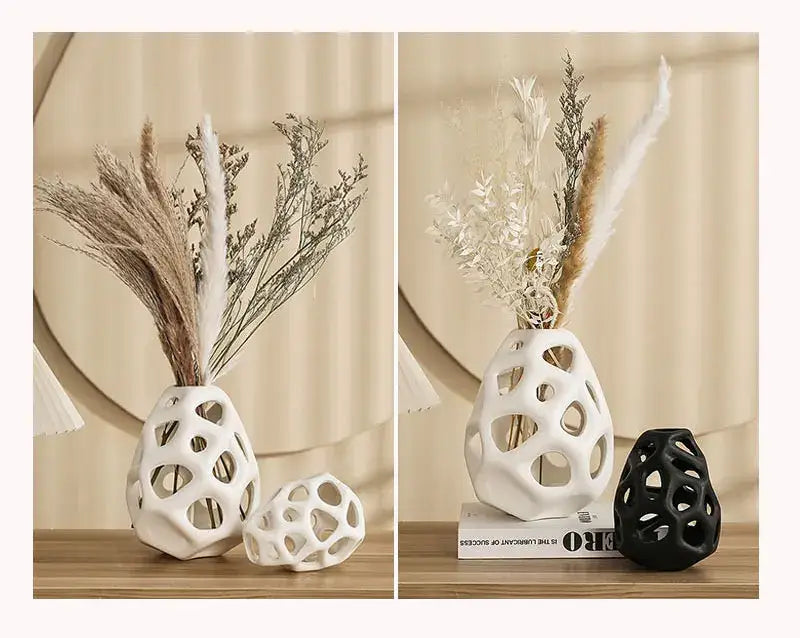 White ceramic vase with geometric perforated design showcasing nordic classical design by DecorBites™