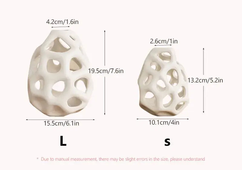 White ceramic vase with geometric lattice design in two sizes featuring nordic classical design by DecorBites