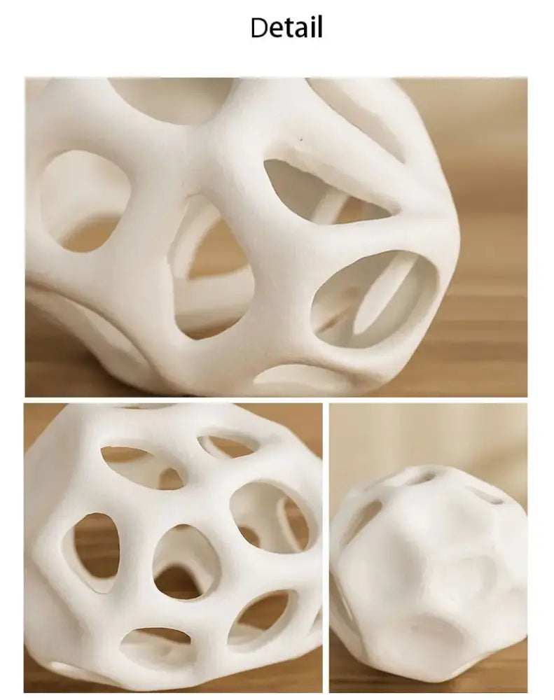 White ceramic geometric orb vase with interconnected organic holes showcasing nordic classical design decorbites